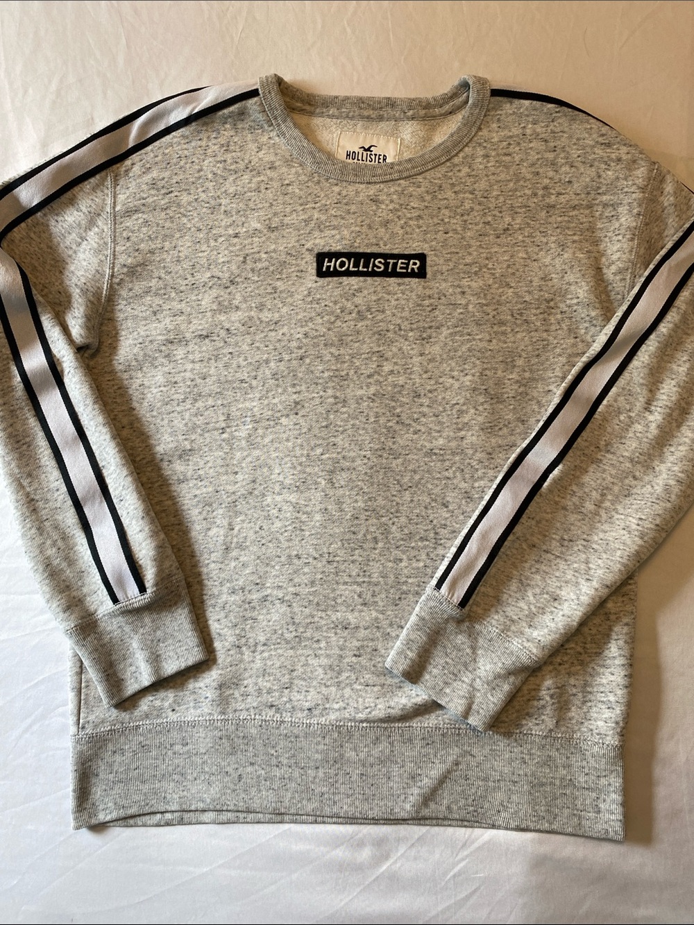Hollister Gray Crewneck Sweatshirt with Black Logo & Stripe Detail. Small